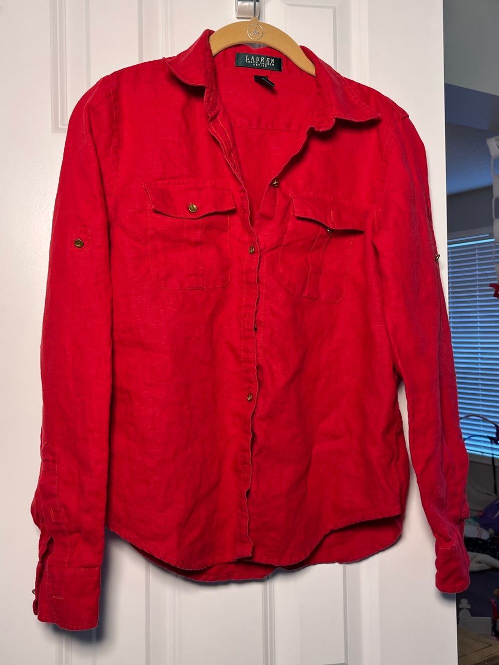 Lauren Ralph Lauren Petite Red Button Front Shirt SP Lightweight